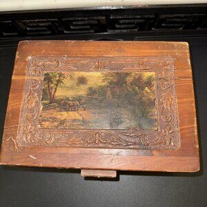 Carved Cedar Chest Wood Jewelry Trinket Box Decoupaged Cottage Scene Mirror